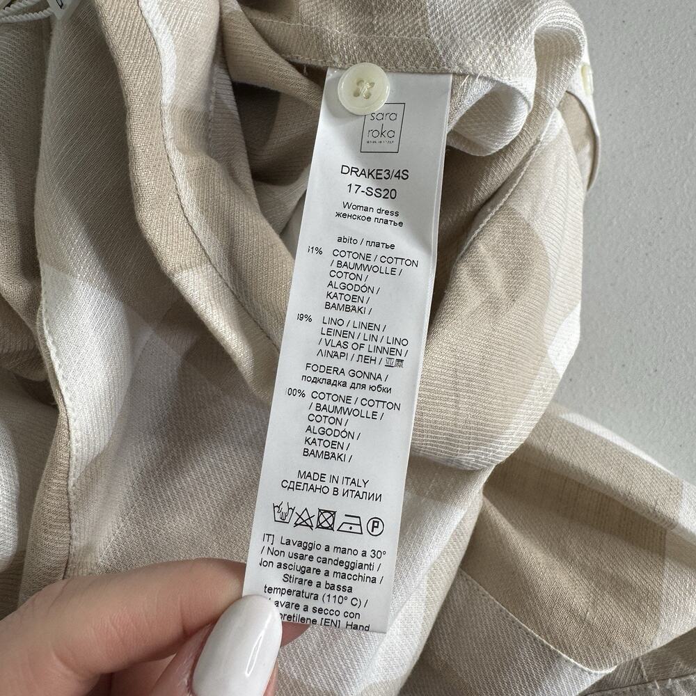 Sara Roka Drake Belted Dress‎ Womens 40 Beige Linen Gingham Shirt Midi Cottage - Picture 14 of 16